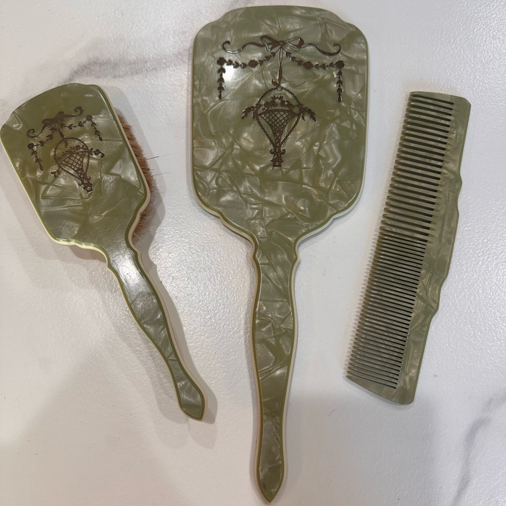 Vintage Green Vanity Set with Brush and Comb